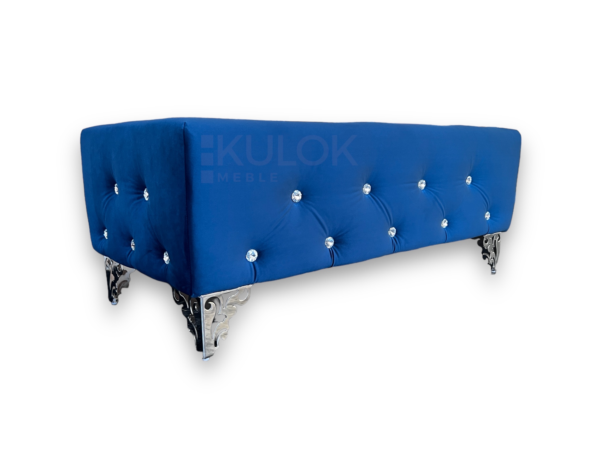 Pufa Chesterfield duża pikowana granatowa glamour z kryształkami i nogami ażurowymi.